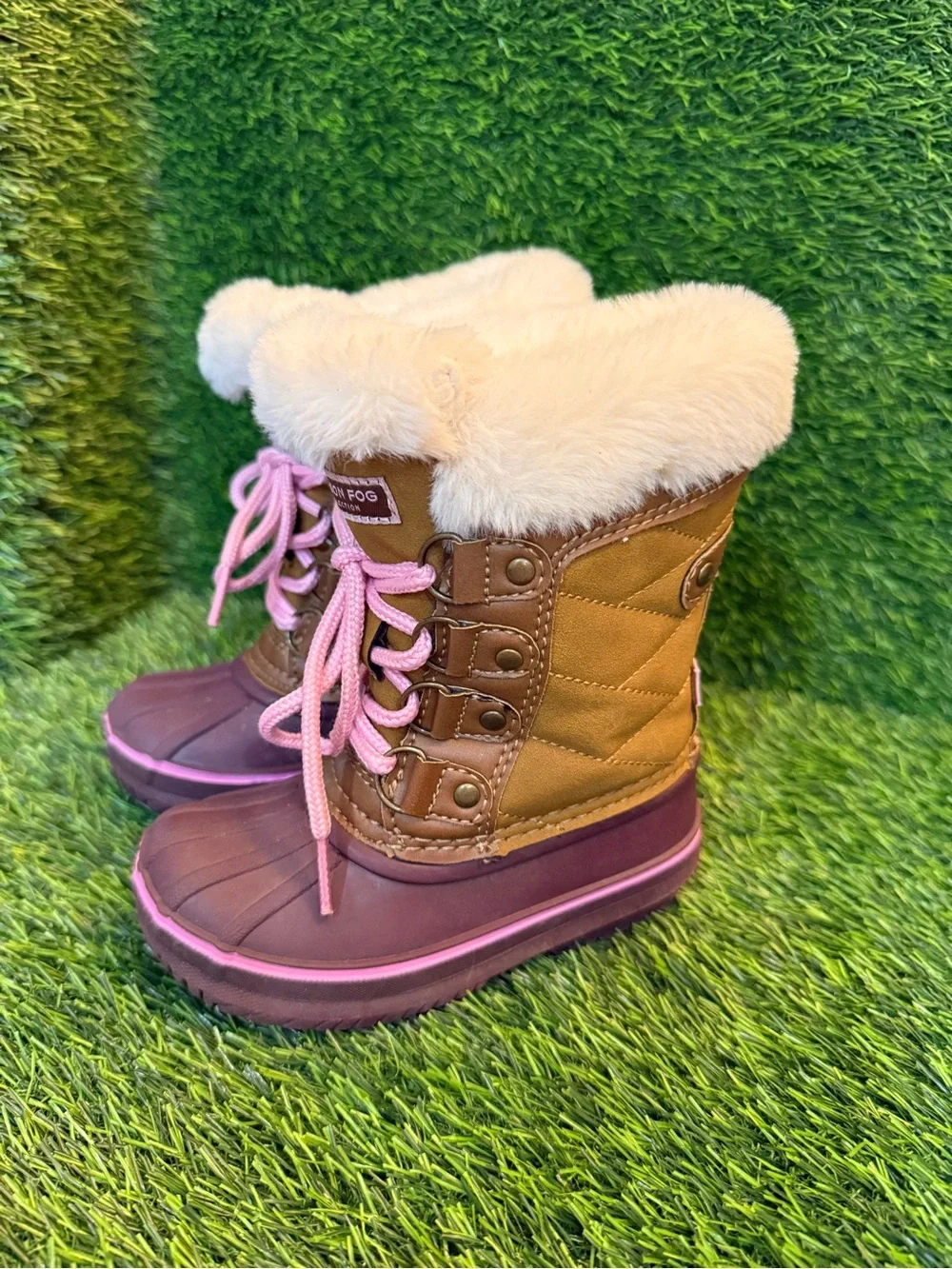 London Fog youth girls Brown & Pink Faux Fur-Trim Winter Boots size 8c